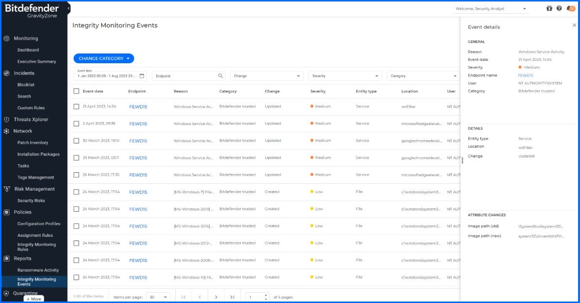 GravityZone Integrity Monitoring Events details