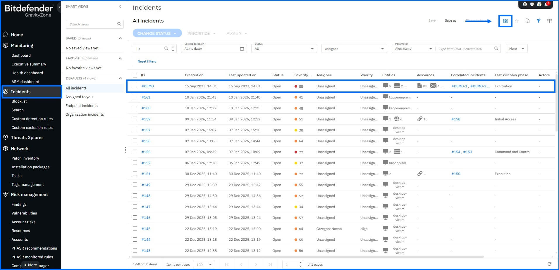 XDR Demo Incident Incidents Section