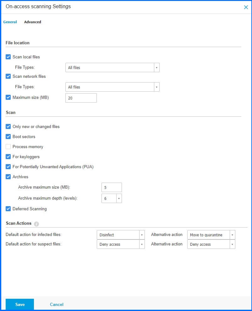 GravityZone Protection Profiles Advanced settings