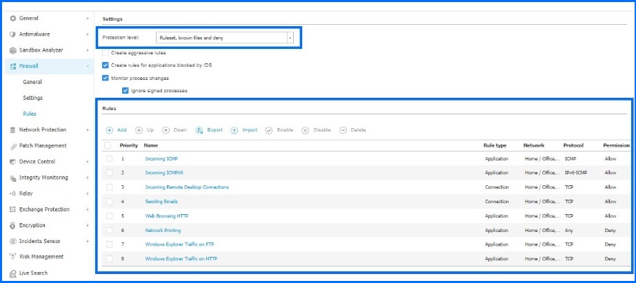 Bitdefender GravityZone Firewall Rules configuration
