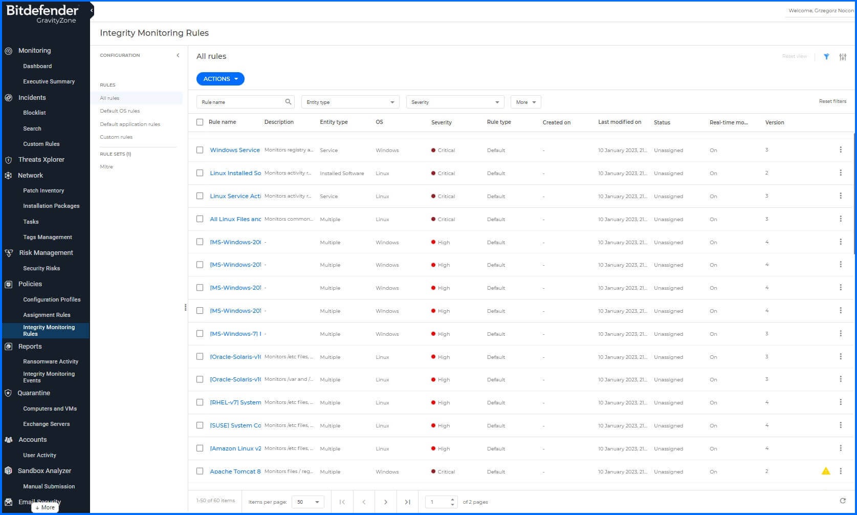 GravityZone Integrity Monitoring All rules