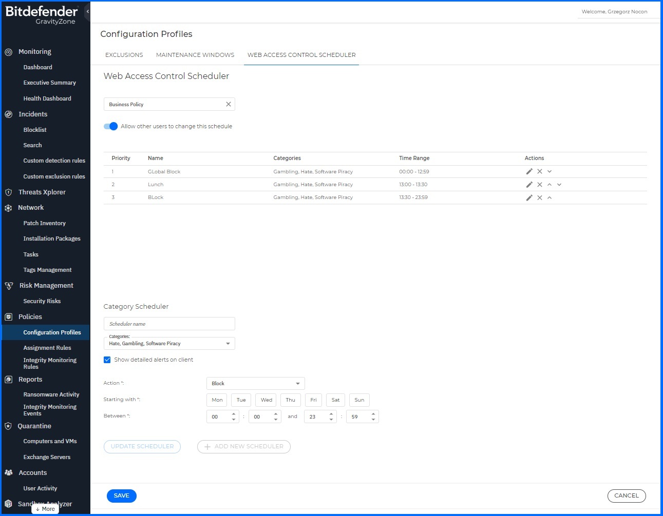 GravityZone web access control scheduler