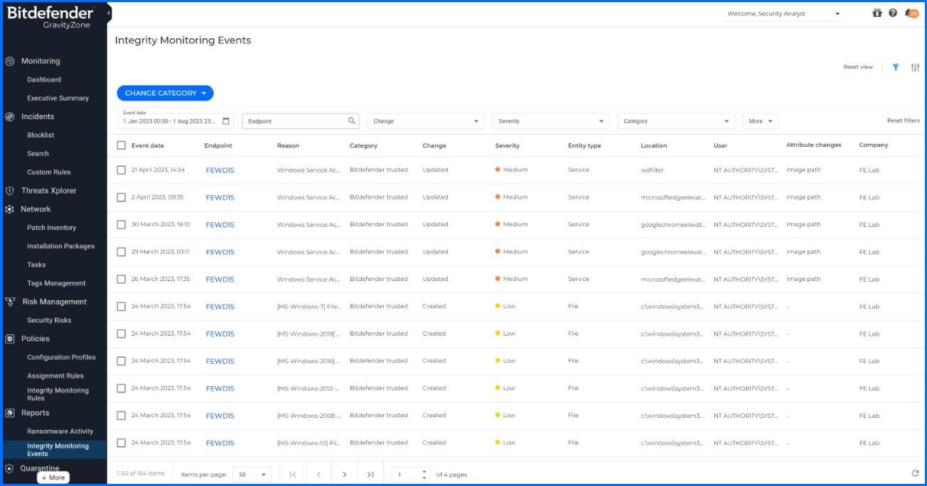 GravityZone Integrity Monitoring Events