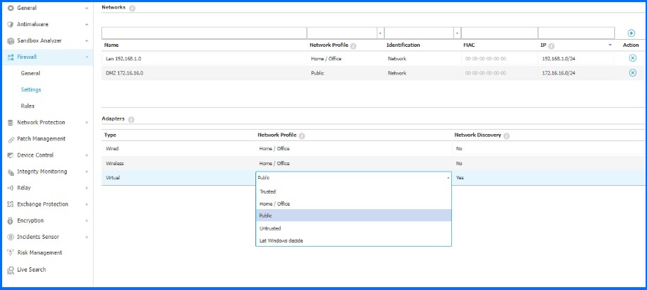 Bitdefender GravityZone Firewall Networks and Adapters configuration