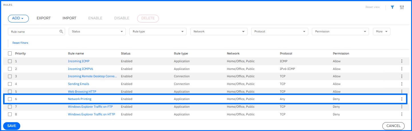 Firewall Network Printing Rule