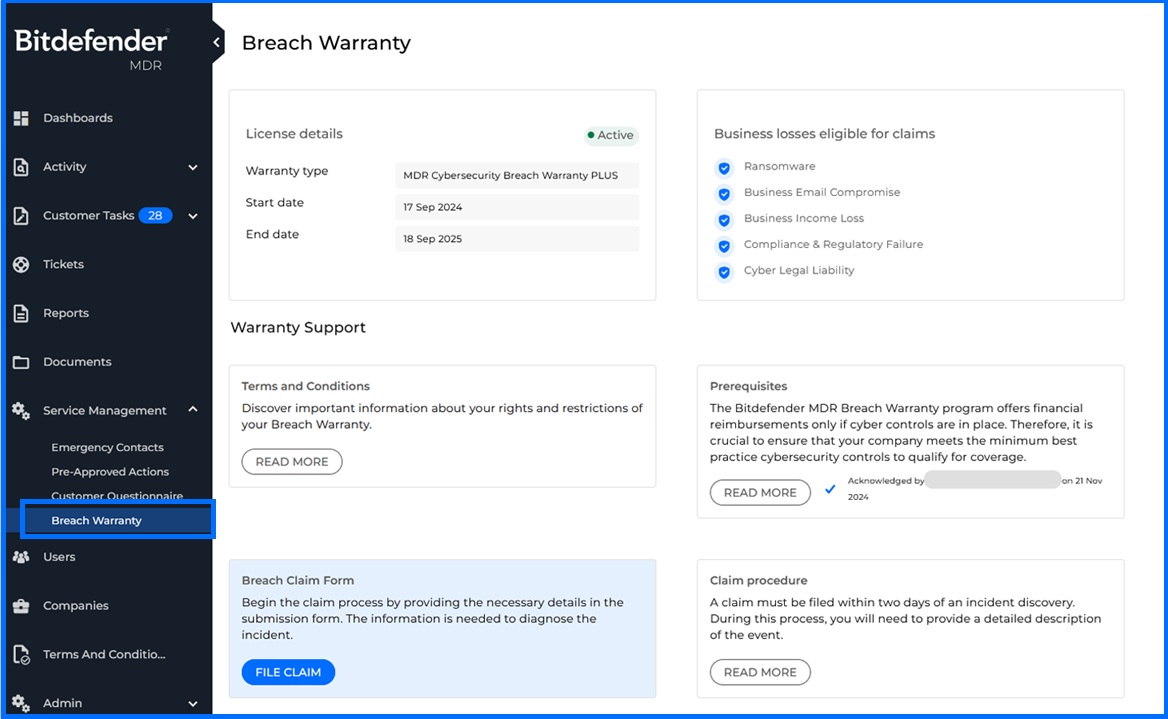 MDR Cybersecurity Breach Warranty