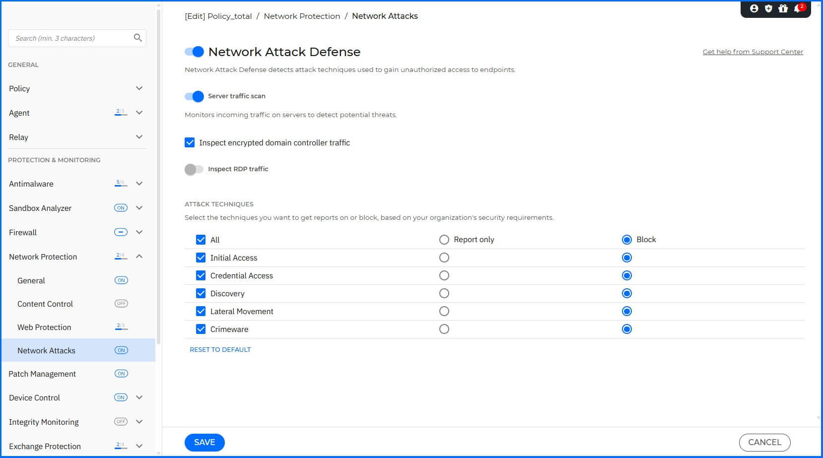Network Attack Defense settings