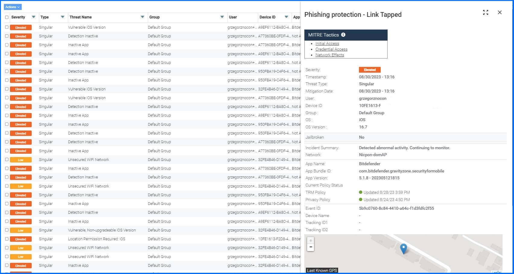 Mobile Security - Threat Log details
