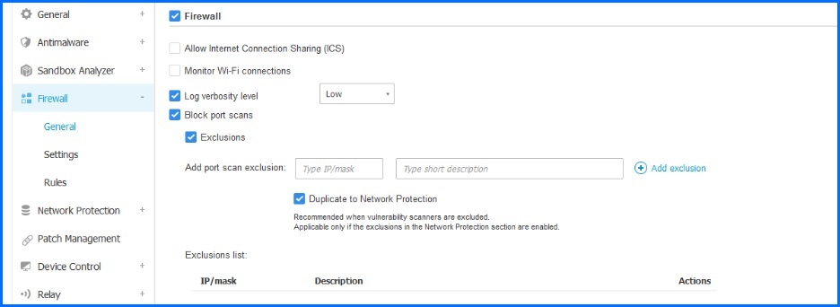 Bitdefender GravityZone Firewall general configuration