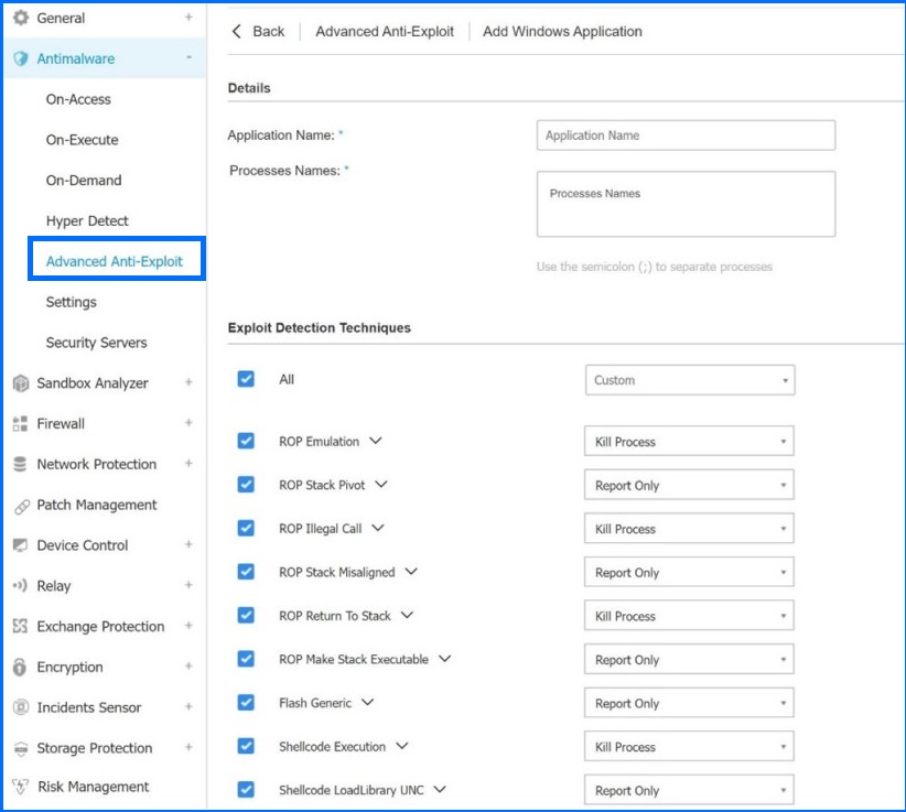 GravityZone Advanced Anti-Exploit configuration